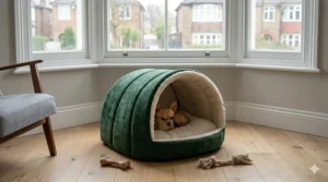 A small Chihuahua resting inside a cosy forest green velvet igloo bed with a cream fleece lining on a light oak floor.