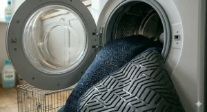 A photorealistic shot of a machine-washable non slip mat being cleaned, with a metal dog crate visible in the background on a wooden floor.