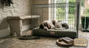 A Springer Spaniel sleeping comfortably on a freshly cleaned dog crate mattress inside a metal cage on a traditional stone floor.