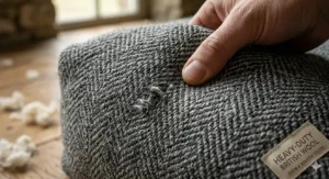 A detailed close-up of a heavy-duty wool dog bed cover with a durable herringbone weave and a chew-resistant quality label.