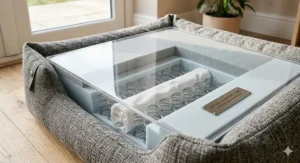 Close-up detail of the durable woven fabric and leather brand tag on a Scandi dog bed, perfect for active UK pet breeds.