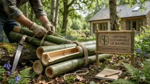 Illustration showing 100% natural, sustainably sourced bamboo used in the dog bed frame.