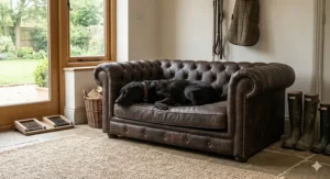 An extra-large faux-leather Chesterfield dog bed in dark brown, featuring deep-button tufting and brass studding, with a Labrador asleep inside, located in a British mudroom.