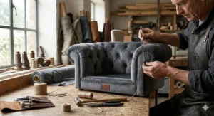 Close-up of artisan hand-tufting and deep-buttoning on a grey velvet Chesterfield dog bed in a sunlit British workshop.