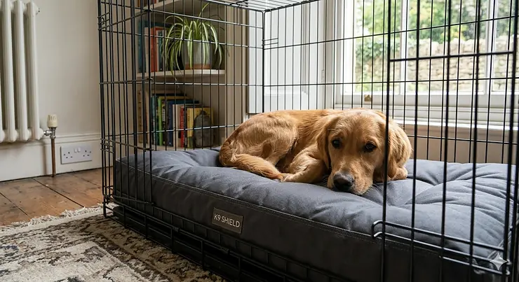 Durable chew proof crate bed for dogs in a black metal wire crate. chew proof crate bed