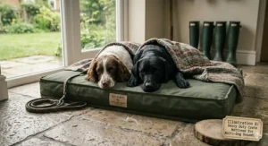 A large, heavy-duty dog crate mattress being shared by two dogs under a woolly blanket, ideal for a multi-dog British household.