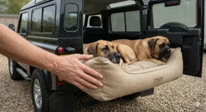 An illustration of a hemp dog bed fitted into the boot of an off-road vehicle, perfect for the British countryside.