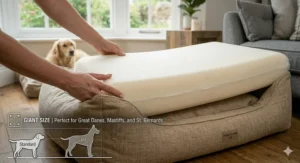 A size chart comparing hemp dog beds against popular UK breeds like Cockapoos, Labradors, and Whippets.