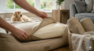 Graphic showing how hemp fibres keep dogs cool during British summers and warm during winter months.