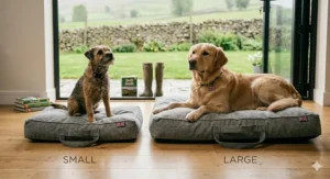 A side-by-side size comparison of the small and large portable dog beds on an oak floor, featuring a terrier and a golden retriever to show visual scale for different breeds.