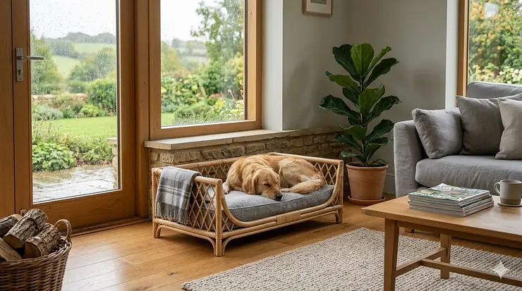 Sustainable bamboo dog bed with a grey orthopaedic cushion in a modern British living room. bamboo dog bed