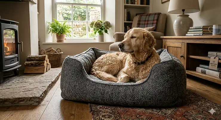 A golden retriever sleeping in a luxury grey wool dog bed next to a warm log burner in a cosy British living room. wool dog bed