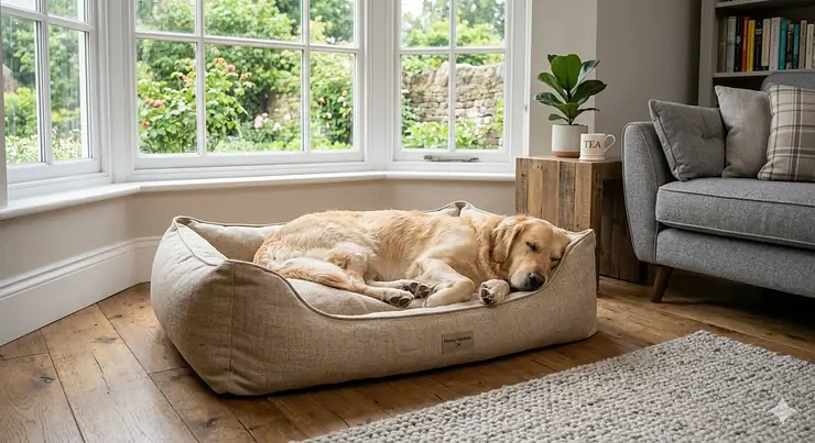A large, orthopaedic hemp dog bed in a contemporary British living room featuring a sleeping Golden Retriever. hemp dog bed