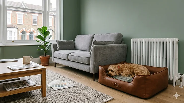 luxury vegan leather dog bed in tan brown, styled in a modern British living room next to a white radiator. vegan leather dog bed