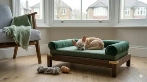 A miniature designer dog sofa in green velvet with rolled arms, perfectly sized for a Chihuahua in a modern UK home.