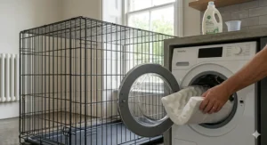 Illustration showing a waterproof crate liner being placed in a washing machine.