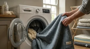 A person putting a removable woollen dog bed cover into a front-loading washing machine on a 30 degree wool cycle.