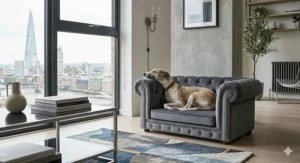 A contemporary slate grey velvet Chesterfield dog bed, featuring deep-button tufting and minimalist brass studding, with an elegant Whippet asleep inside, located in a modern London apartment with a skyline view.