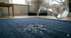 A puppy stepping out of a crate onto a navy blue non slip mat, highlighting the mat's ability to protect wooden floors from moisture and slips.