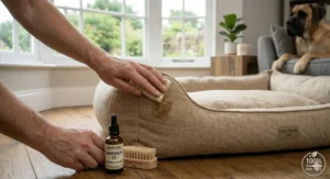 A badge-style illustration certifying the use of organic hemp and non-toxic dyes, safe for sensitive paws.