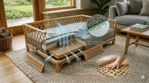 Close-up of the non-slip rubber base of the bamboo bed, ideal for tiled or wooden kitchen floors.