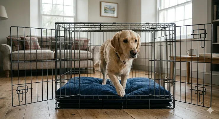 A photorealistic 4K image of a Golden Retriever sitting attentively on a navy blue non slip crate mat inside a metal dog crate in a modern British living room. non slip crate mat