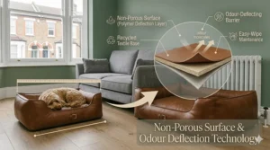 Technical diagram explaining the non-porous surface and odour-deflection technology of the bed material.