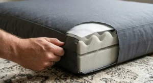 Orthopaedic foam layers inside a chew proof dog bed for joint support.