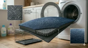 A detailed cross-section illustration showing the layers of a non slip crate mat, including the water-resistant textile, orthopaedic foam, and geometric backing.