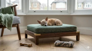 A senior Chihuahua sleeping on a green houndstooth pattern memory foam mattress with a stylish walnut wooden frame.