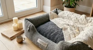 Internal cutaway illustration of a Scandi dog bed showing the orthopaedic memory foam and pocketed spring system.