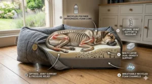 Cross-section illustration of the orthopaedic foam layers inside a sustainable dog bed for joint support.