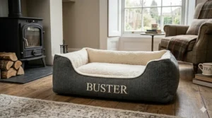 Grey orthopedic personalised dog bed providing joint support for senior dogs.