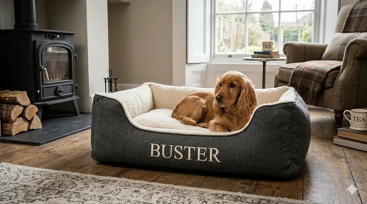 A luxury personalised dog bed with embroidered name Buster in a stylish British living room. personalised dog bed