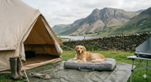 A golden retriever lying on a grey tweed portable dog bed rolled out next to a canvas bell tent in the Lake District, with a dry stone wall and mountains in the background.