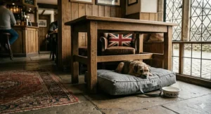 A small terrier-mix dog resting on a folded grey tweed portable dog bed tucked neatly under a wooden table inside a traditional, dog-friendly British pub.