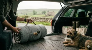 A view from an open estate car tailgate showing a person loading a folded grey tweed portable dog bed into the boot, with the British countryside in the distance.