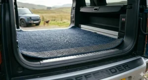 A Golden Retriever puppy sitting calmly on a plush blue non slip mat inside a crate, ideal for puppy training in a UK home.