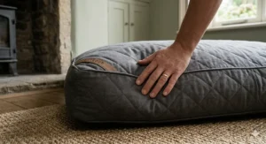Close-up of a hand resting on the breathable cotton fabric of a grey quilted dog mattress to show the thick, durable padded stitching.