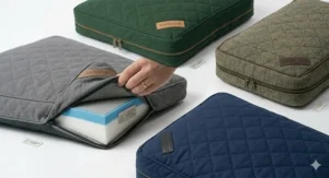 A collection of quilted dog mattresses in classic British heritage colours including forest green, navy blue, slate grey, and tweed.