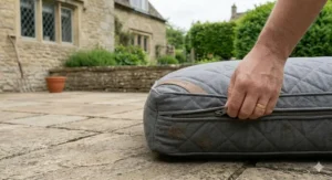 A quilted dog mattress on a stone patio outside a British cottage, showing the ease of zipping off the cover after outdoor use.