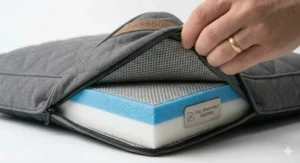 A hand lifting the quilted outer fabric to reveal the fully removable internal foam assembly of the dog mattress.