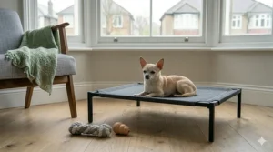 A tan Chihuahua sitting on a black metal-framed raised bed with a breathable grey mesh centre, ideal for keeping cool.