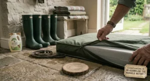 A clean dog crate mattress being re-assembled in a utility room after washing with pet-safe detergent.