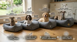 A size guide comparing the recycled plastic dog bed dimensions for small terriers to large Labradors.