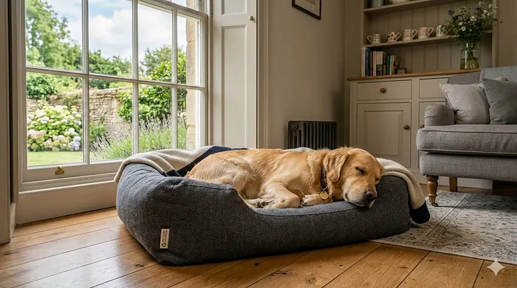 A comfortable recycled plastic dog bed in a modern British living room with a Golden Retriever sleeping on it. recycled plastic dog bed