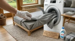 Illustration of the removable, machine-washable fabric cover for easy cleaning in British homes.