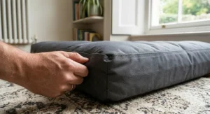 Close-up of reinforced seams on a rip-resistant dog crate mat.