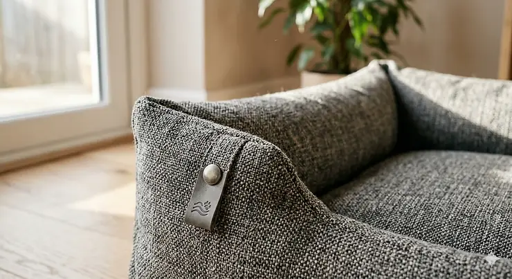 A premium charcoal grey Scandi dog bed in a modern British living room with light oak flooring and natural light. scandi dog bed