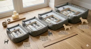 Size guide chart for Scandi dog beds featuring silhouettes of British breeds from Chihuahuas to Golden Retrievers.